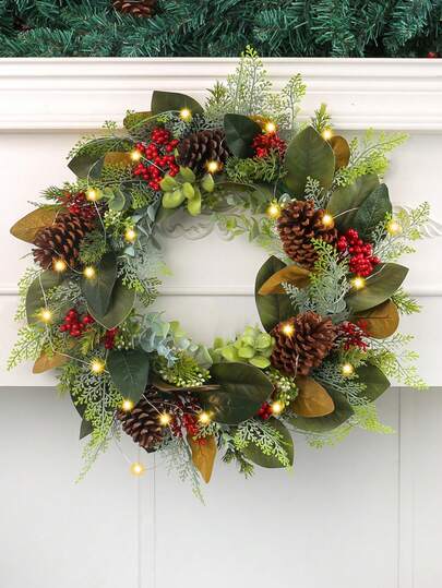 1个17.71英寸圣诞人造松果和树叶花环，可悬挂于窗户、门、庭院或墙壁上作为装饰，适合节日主题客厅、卧室家居装饰（不含灯饰和电池）。圣诞装饰、房间装饰、冬季圣诞装饰、家居圣诞礼物、圣诞装饰品