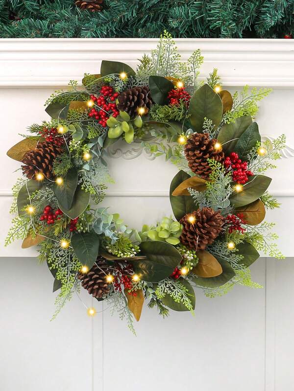 1个17.71英寸圣诞人造松果和树叶花环，可悬挂于窗户、门、庭院或墙壁上作为装饰，适合节日主题客厅、卧室家居装饰（不含灯饰和电池）。圣诞装饰、房间装饰、冬季圣诞装饰、家居圣诞礼物、圣诞装饰品