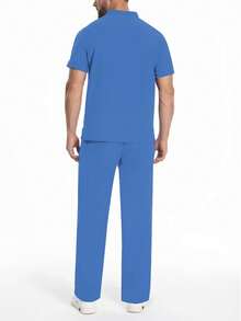 Men's Nurse/Doctor/Veterinary Work Uniform Short Sleeve Top And Pants Set - Baby Blue - View 4