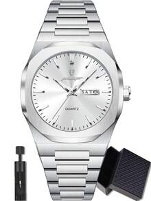 POEDAGAR 男士商务日期星期不锈钢石英表，时尚防水夜光男士腕表，休闲男士腕表，适合日常佩戴，节日男士礼物