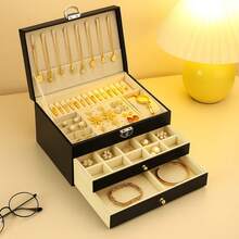3-Layer Lockable Jewelry Box With Key – Large Leather Organizer Case For Rings, Earrings, Necklaces, Bracelets, Watches & Lipsticks – Elegant Gift For Women - Black - View 2