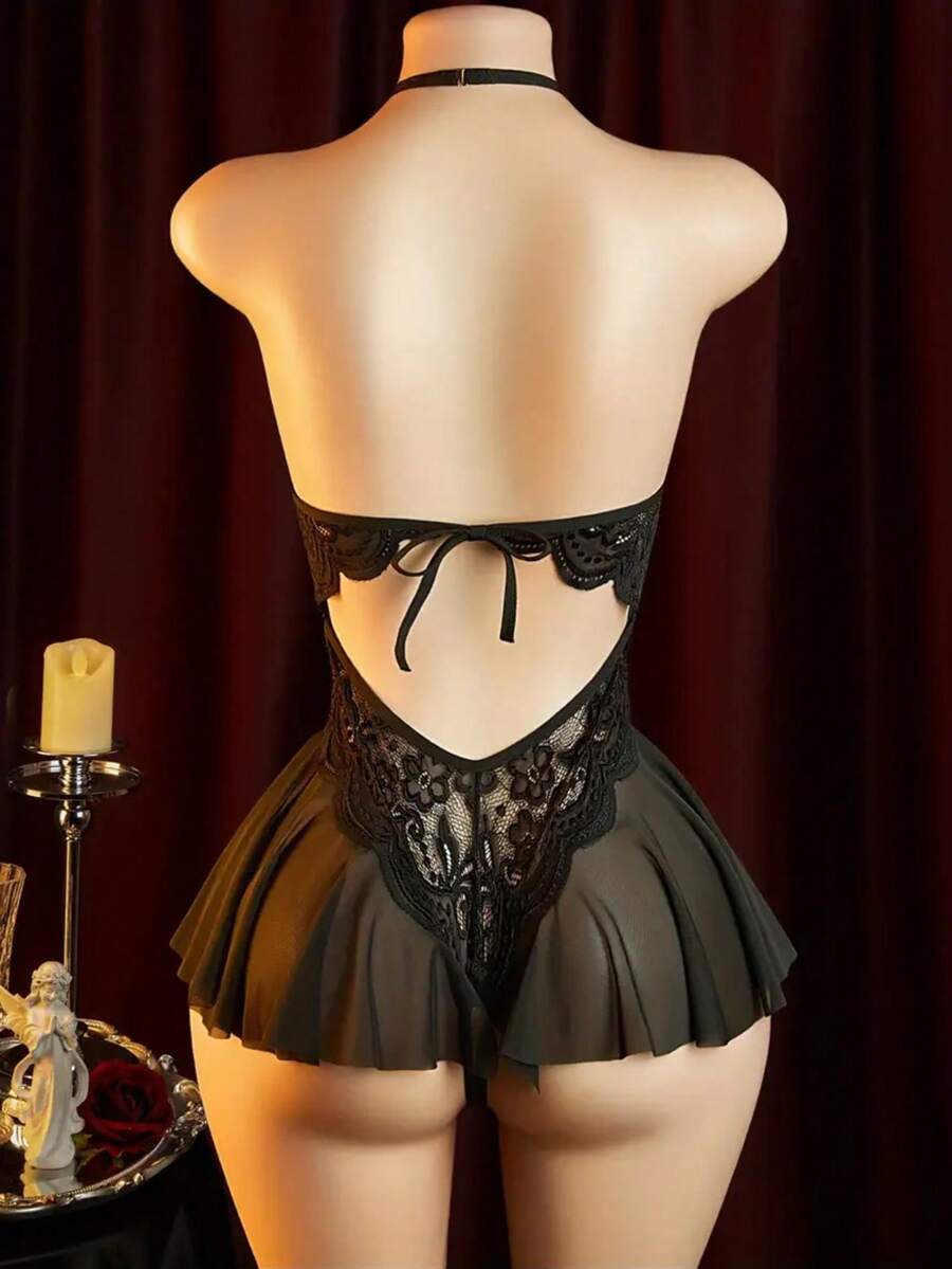 Sexy Lace Skull Design Open-Crotch Jumpsuit, Elegant Ladies Lingerie, Bedroom Seductive Sleepwear - Black - View 1