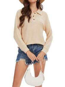 Womens Tops Waffle Knit V-Neck Long Sleeve T-Shirts Button Down With Pockets Tunic Fashion ClothingChristmas - 杏色 - 查看 10