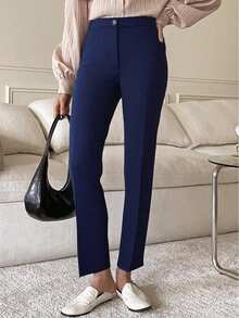 TAD Pantalón elegante para mujer pierna recta cintura entallada tela suave bolsillos botón otoño invierno oficina diario - Azul - Ver 1