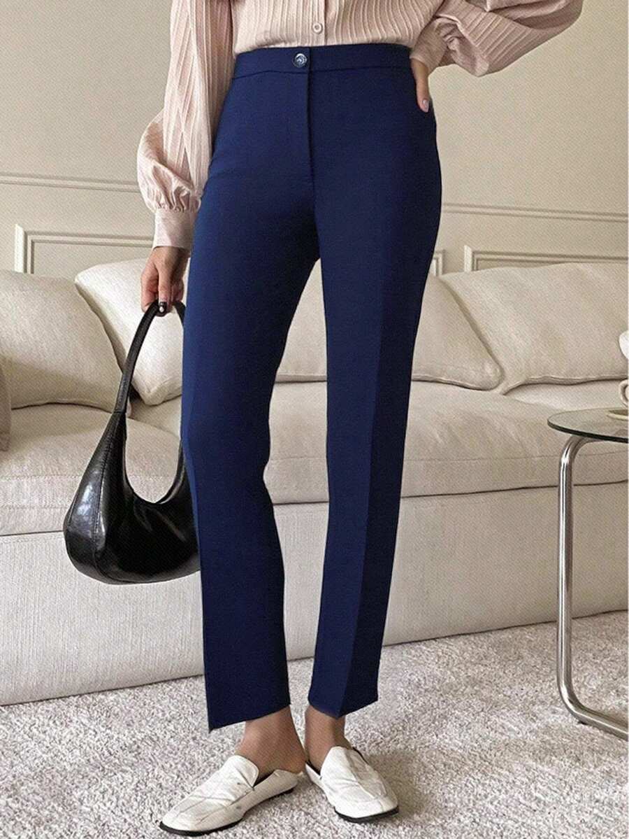 TAD Pantalón elegante para mujer pierna recta cintura entallada tela suave bolsillos botón otoño invierno oficina diario - Azul - Ver 1