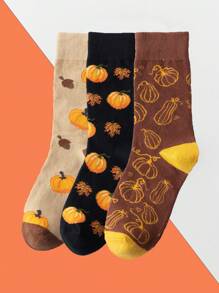 1 Pair/3 Pairs Men's Comfortable Casual Halloween Pumpkin Pattern Mid-Calf Socks, Fall - Multicolor - View 1