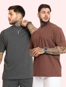 Kit 2 Oversized Premium Cotton Street Style T-Shirts - 灰色和棕色 - 查看 1