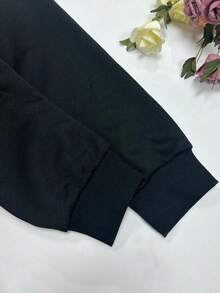 Plus Size Women Solid Color Fleece Zip-Up Jacket, Basic Style, Warm For Autumn/Winter - Black - View 3