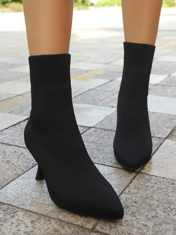 2025 Spring/Autumn New Winter Short Boots, Mid-High Elastic Knit Boots, Women Shoes - Black - View 3