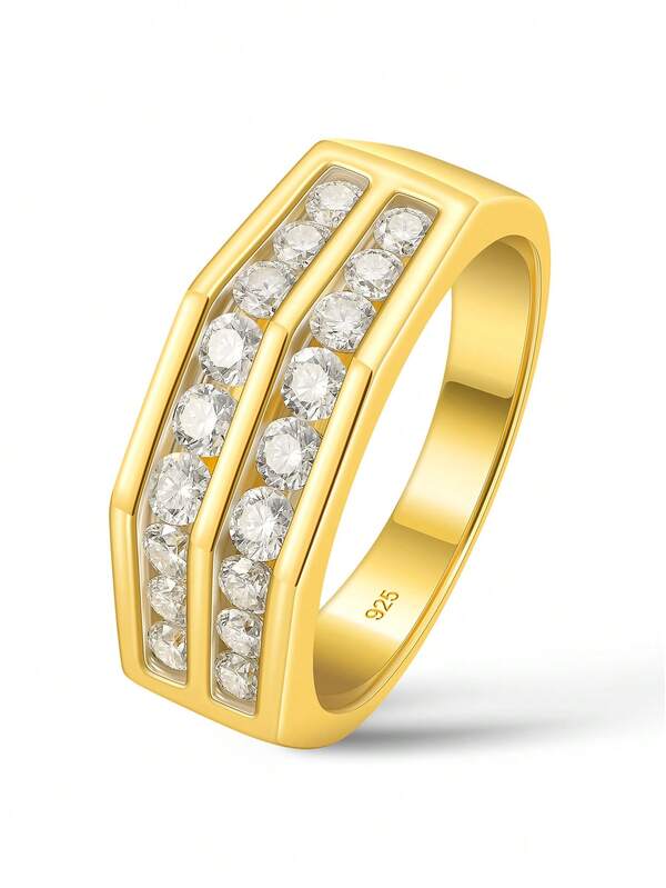 AIHUASI 1pc Dainty 925 Sterling Silver Moissanite Diamond Yellow Gold Color Wedding Bands For Men Eternity Rings 2.0*2.0mm 0.7 Carat Round Cut Dazzling D Color VVS1 Moissanite Promise Engagement Rings Fine Jewelry Valentines Gift