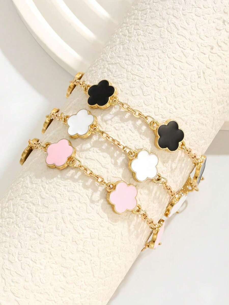 3 件套优雅幸运花手链套装，黑、白、粉三色组合，时尚休闲女孩款，适合日常佩戴 - 彩色 - 查看 1