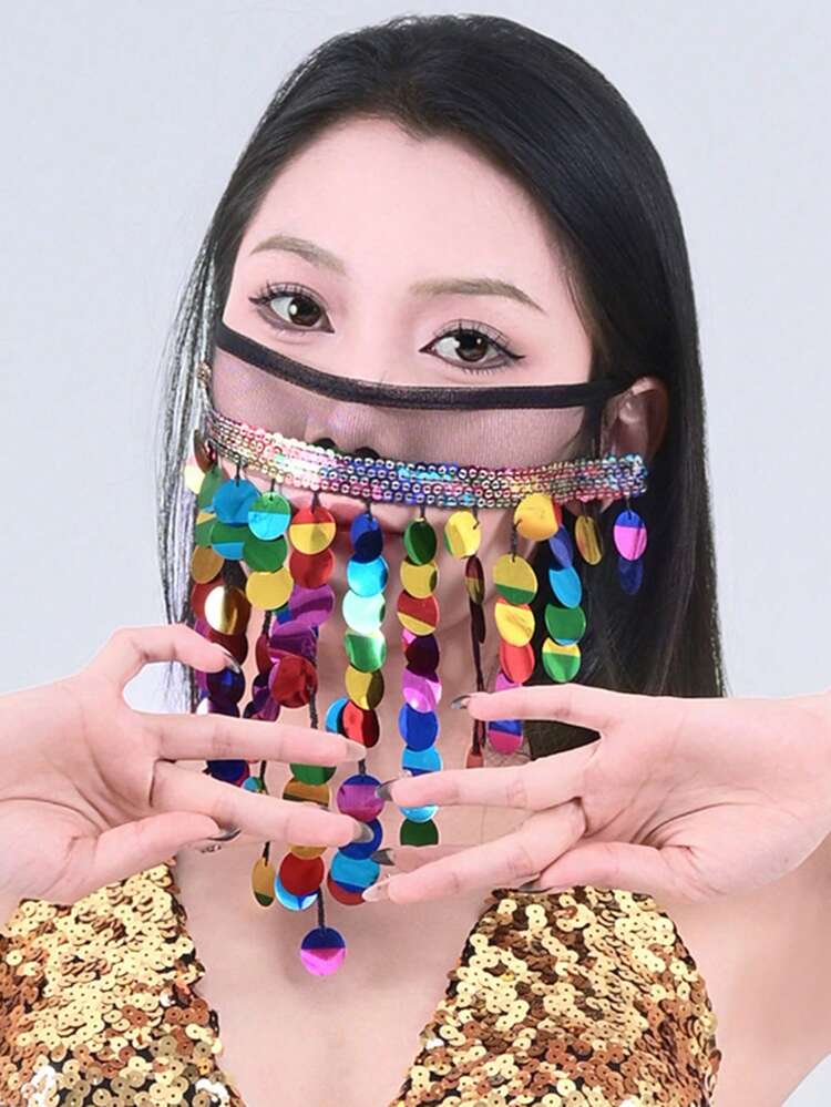 一件式肚皮舞面帘，带蕾丝，异域风情舞蹈配饰，流苏面纱，亮片面具，东方舞表演配饰 - 彩色 - 查看 6