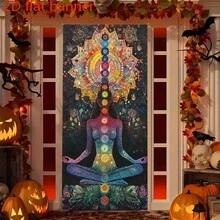 1 pieza Cortina de puerta bohemia de poliéster colorida de meditación de chakra, multiusos, adecuada para vacaciones, Pascua, todo propósito, sin electricidad requerida, pancarta 2D de primavera/verano, se adapta a la decoración de cualquier habitación
