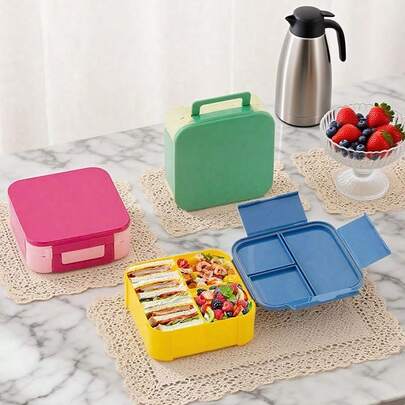 1件装方形塑料翻盖午餐盒，便携式带隔层的午餐盒，旅行外卖餐盒，大容量厨房食物收纳盒，可微波炉加热