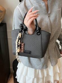 时尚编织纹理拼色水桶包，休闲日常上班通勤大容量手提包，简约百搭购物手提包，轻便斜挎包，流行时尚设计女士单肩包 - 黑色 - 查看 1
