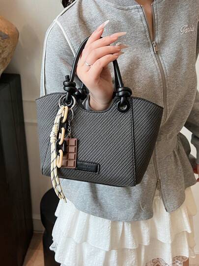 时尚编织纹理拼色水桶包，休闲日常上班通勤大容量手提包，简约百搭购物手提包，轻便斜挎包，流行时尚设计女士单肩包