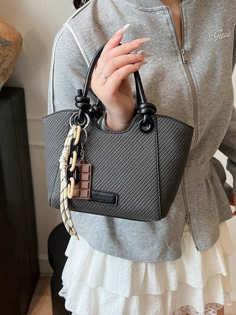 时尚编织纹理拼色水桶包，休闲日常上班通勤大容量手提包，简约百搭购物手提包，轻便斜挎包，流行时尚设计女士单肩包 - 黑色 - 查看 1