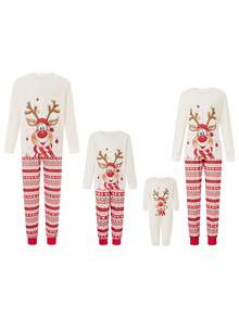 Family Matching Christmas Set Elk Print Long Sleeve Round Neck Tops/Romper Striped Trousers Loungewear Sleepwear