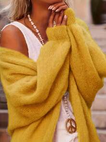 Autumn/Winter Casual Solid Color Soft Elegant Versatile Plus Size Women Knitted Long Sleeve Loose Cardigan - Yellow - View 3