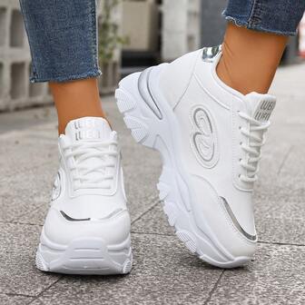 1 Pair Women's White Leather Casual Sneakers, Platform Thick Sole Chunky Sneakers With Hidden Insole, Suitable For Daily Casual, Outdoor, Date, Rose Gold Stripe, Classic Minimalist Design, 6.5cm Heel Height