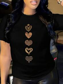 Plus Size Women's Heart Print Short Sleeve Tees For Summer Casual Black - Black - View 4