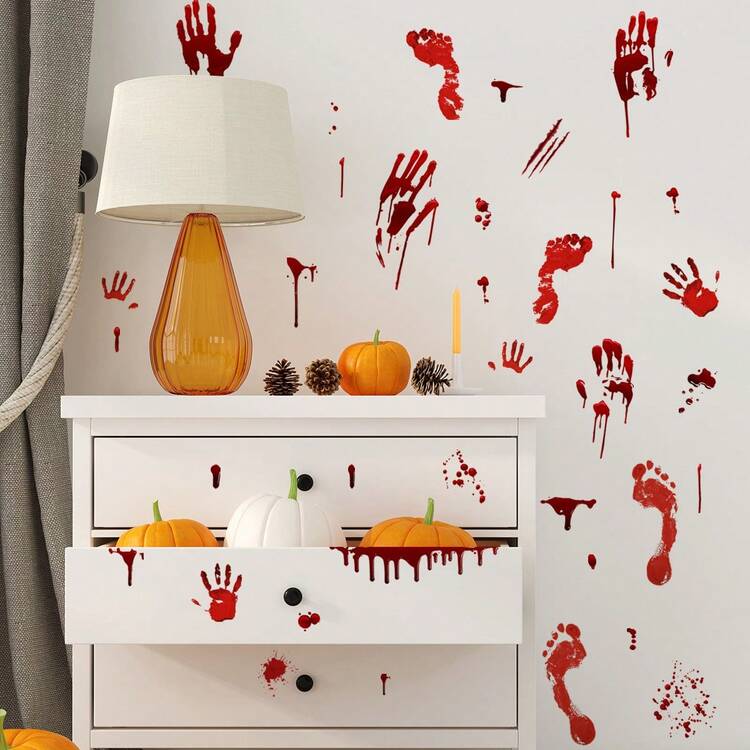 4pcs/Set Halloween Party Horror Bloody Hands Creepy Wall & Floor Stickers & Footprint Window Stickers,Ambiance Props For Party Home Room Indoor/Outdoor Decoration, Sticker Party Decoration - Multicolor - View 4