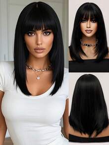 Elegant 16 Inch Black Medium Length Straight Bob Wig With Bangs - Heat Resistant Synthetic Hair, Medium Length Silky Straight Black Wig For Women Daily Wear Party Wigs, Cosplay Street Fashion Wigs - Black - View 2
