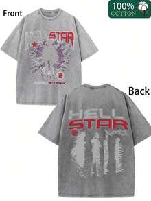 100% Pure Cotton  STRR Double-Sided Printed T-Shirt - Soft, Breathable, And Comfortable For Casual Wear - 灰色 - 查看 1