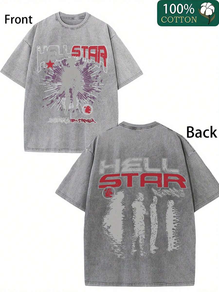 100% Pure Cotton  STRR Double-Sided Printed T-Shirt - Soft, Breathable, And Comfortable For Casual Wear - 灰色 - 查看 1