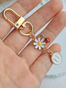 1pc Unisex A-Z Letter Stainless Steel Keychain, Minimalist Letter, Flower, Ladybug Design, Gift For Friends, Bag Pendant - Multicolor - View 12