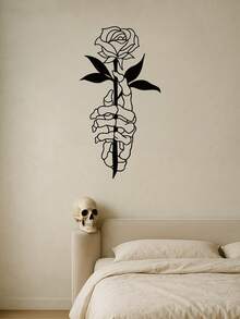1 PC Gothic Iron Hand Sculpture Wall Art - Skull Holding Rose Metal Decor, Dark Academia Living Room Decor For Men, Edgy Home Gift With French Cleat Hanging System, Suitable For Christmas, Halloween, Thanksgiving, Valentine's Day Gifts