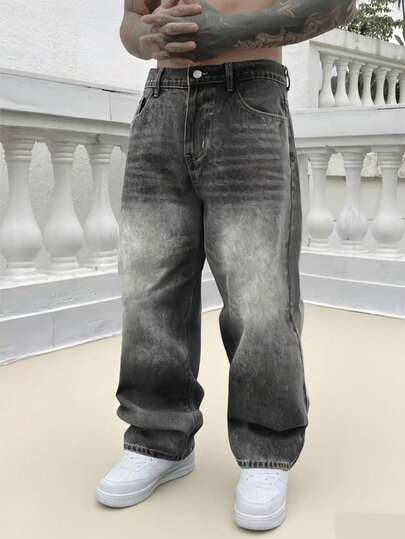 Open Phase 1 Stück Vintage gewaschene, locker geschnittene gerade Bein Herren Jeans, geeignet für Frühling bis Sommer