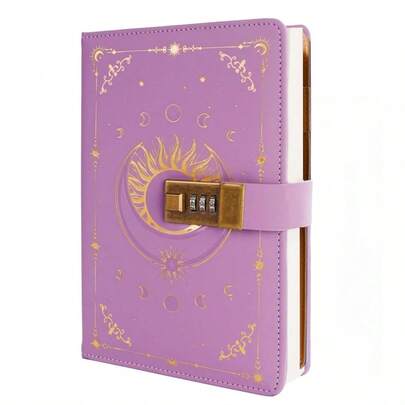 Cuaderno con candado de patrón de sol vintage A5, unisex, recargable, 224 páginas numeradas, suministros de aprendizaje, de vuelta a la escuela