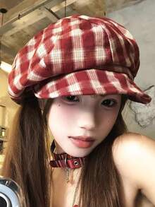 1件装复古格子贝雷帽女夏季画家帽小头围云朵形八角帽日式 - 紅色 - 查看 3