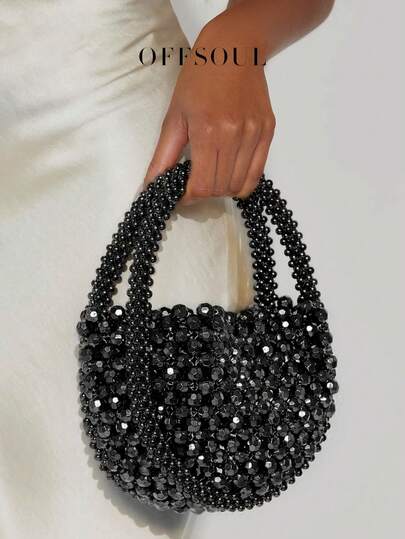 优雅镂空手工金属串珠珍珠编织圆形手提包，闪亮迷人，适合宴会、派对、婚礼、新月形手工编织手提包