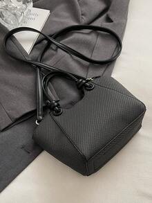 时尚编织纹理拼色水桶包，休闲日常上班通勤大容量手提包，简约百搭购物手提包，轻便斜挎包，流行时尚设计女士单肩包 - 黑色 - 查看 6