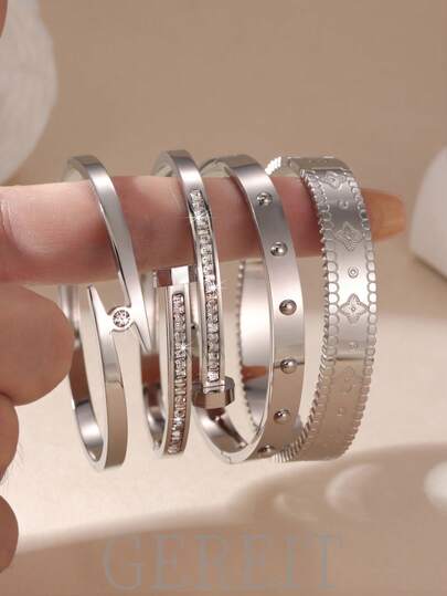 GEREIT 1 件时尚简约不锈钢银色锆石女士手链，适合日常佩戴