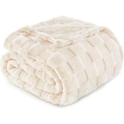 Exclusivo Mezcla Fleece Throw Blanket For Couch,Super Soft And Warm Lightweight Checkered Pattern Blankets For All Seasons, 50x60 Inches, Ivory