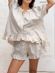 Women Plaid Set, Short Sleeve Ruffled Shirt With Elastic Waist Shorts Summer Outfit - 卡其色 - 查看 2