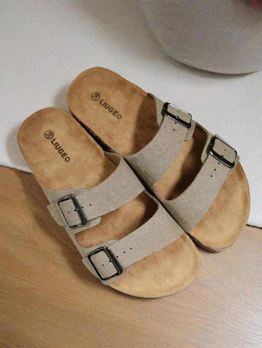 Fashion Double Strap Double Buckle Casual Non-Slip Mule Slippers, Soft Bottom Comfortable Slip-On Ladies Sandals, Suitable For Christmas, Halloween, Home, Dates, Shopping, Commuting, Parties, Beach Vacation