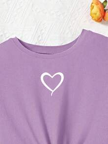 2pcs Tween Girls Casual Daily Love Print Short Sleeve T-Shirt + Striped Printed Shorts Set With Random Striped Belt - Purple - View 6