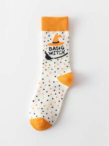 1/3 Pares de Meias Casuais Confortáveis de Meia-Cana com Estampa de Morcego e Fantasma de Halloween, Outono