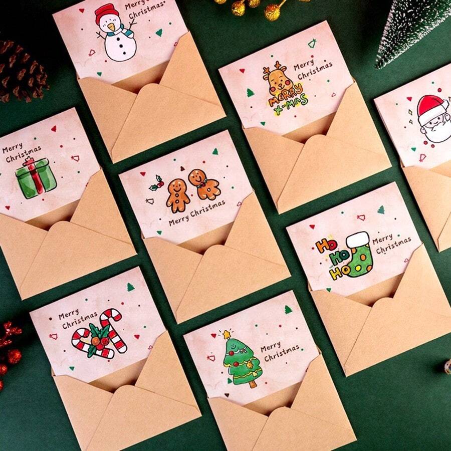 1 opakowanie – 8 kartek świątecznych, 8 kopert, 8 kartek i naklejek, kartki świąteczne, kartki z życzeniami świątecznymi z papieru typu kraft, różne kartki świąteczne, prezenty na świąteczne przyjęcie dla krewnych, przyjaciół i rodziny