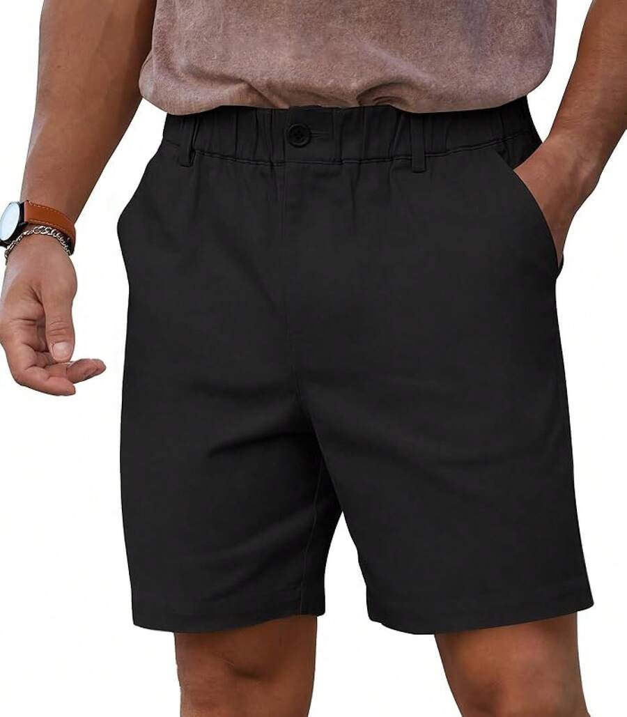 Men's Cotton Casual Classic-Fit 7" Chino Shorts Elastic Waist Daily Wear Dress Baech Summer Shorts-2025 - màu đen - Xem 1