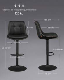 VASAGLE Tabourets de Bar, Lot de 2, Chaise de Cuisine, Siège Pivotant à Hauteur Réglable, Matelassé, en PU, avec et Repose-Pieds, Salle à Manger, Comptoir, Acier, Noir - Noir - Voir 6