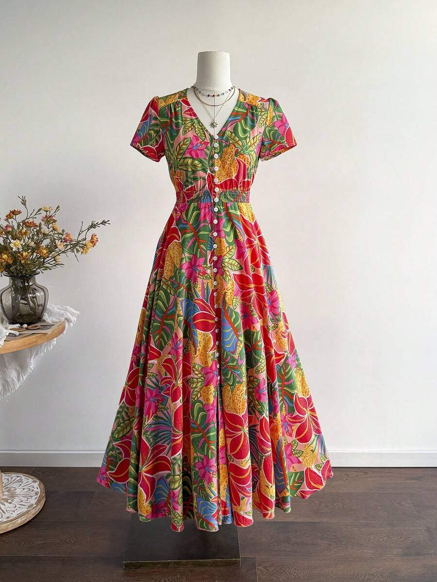 Rusttydustty Đầm maxi nữ cổ chữ V họa tiết hoa nhí, thắt eo, phong cách bohemian, thích hợp mặc đi biển, dự lễ hội âm nhạc, hoặc đi nghỉ mát ở vùng nhiệt đới.