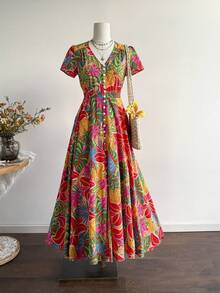 Rusttydustty Đầm maxi nữ cổ chữ V họa tiết hoa nhí, thắt eo, phong cách bohemian, thích hợp mặc đi biển, dự lễ hội âm nhạc, hoặc đi nghỉ mát ở vùng nhiệt đới. - Nhiều màu - Xem 10