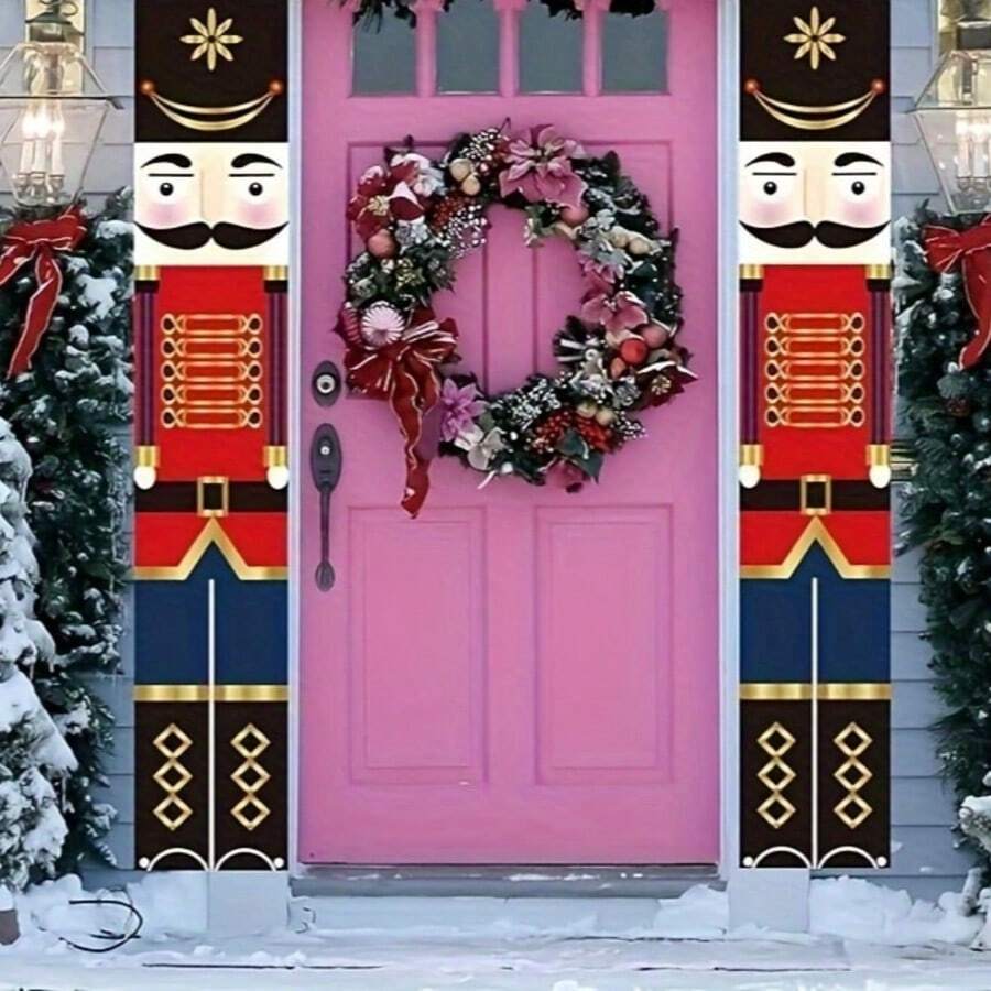 2pcs Life-Size Nutcracker Soldier Porch Banner - Holiday Christmas Decor, Suitable For Indoor And Outdoor Use, No Power Needed