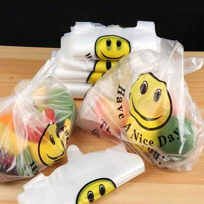 50 个/100 个可重复使用的塑料购物袋 - 适用于杂货、T 恤等 - 非常适合商店、商场和家庭使用，随机图案和文字，方便袋、购物袋、手提袋、储物袋、派对用品、返校，一些印刷或标记不影响使用