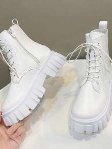 Botas de cordones de moda para mujer,Botas Cortas para Mujer: Estilo Británico y Botas Moteras de Moda | Cómodas de Llevar, Ideal para Actividades Al Aire Libre - Blanco - Ver 6
